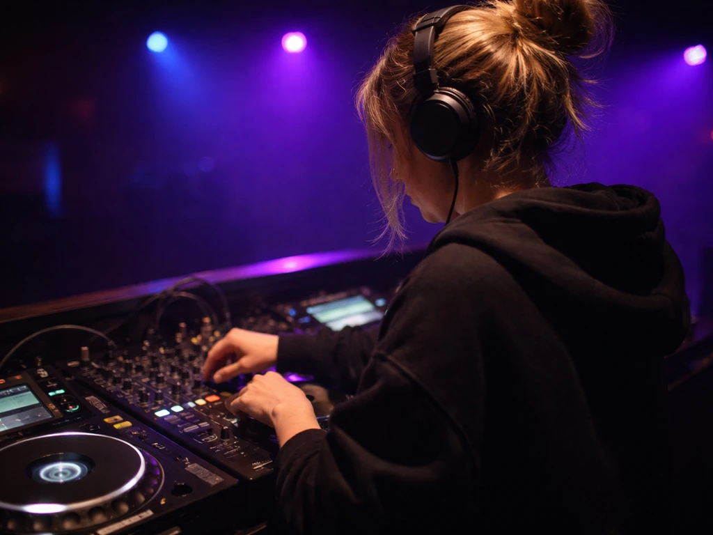 DJ Meeshel vibe: anonymous DJ booth with glowing LED lights and a professional mixer in a dark club.