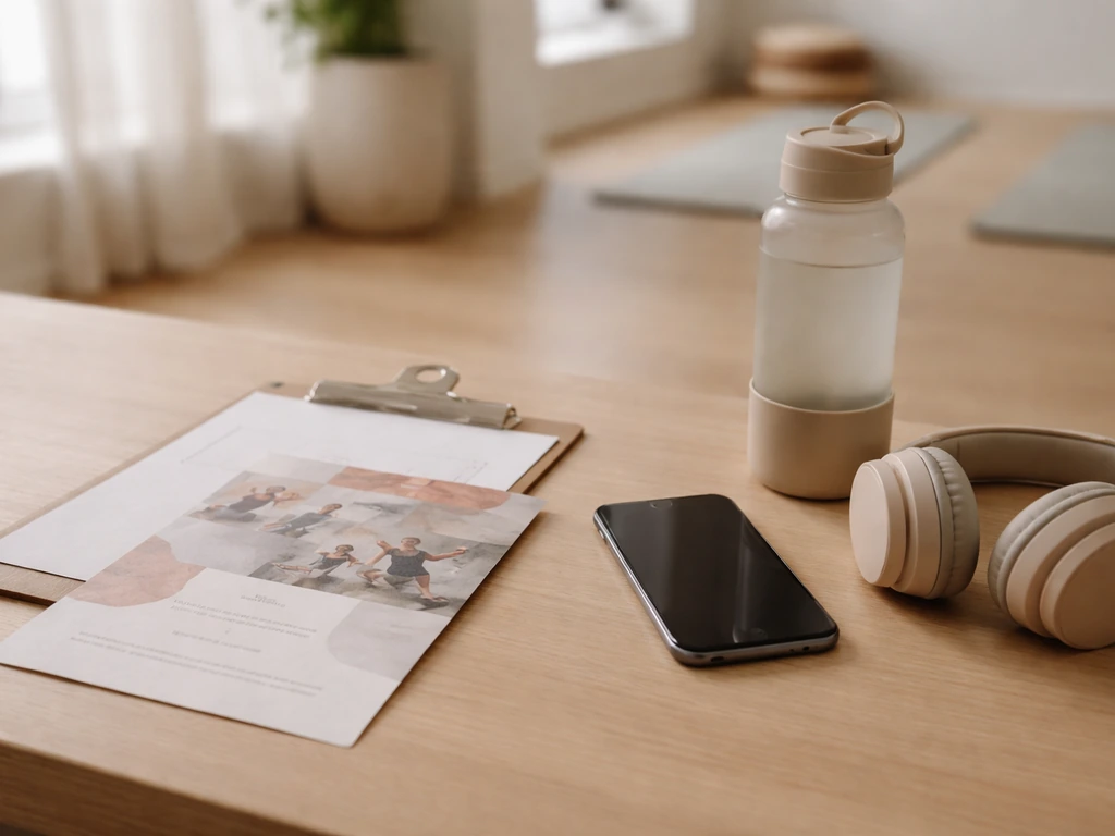 Minimal studio scene with a blank wellness event flyer, a water bottle, and a glowing smartphone—symbolizing multiple in