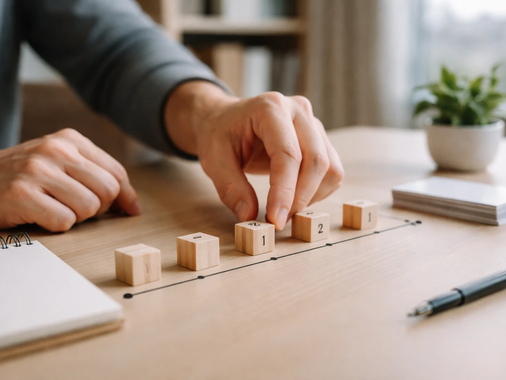 Hands arranging numbered wooden blocks on a desk timeline beside business cards and a pen.