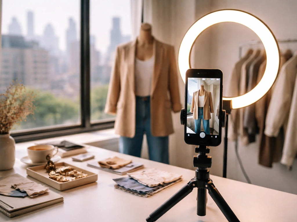 Minimal fashion creator desk setup with a smartphone on tripod and ring light in a NYC studio loft.