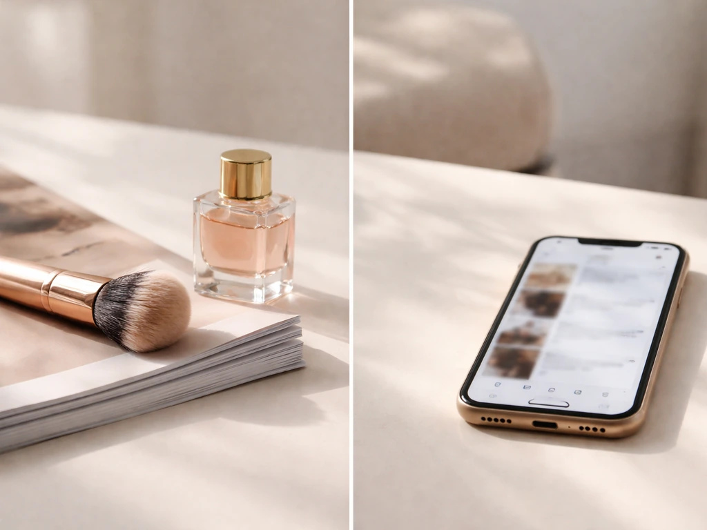Minimal studio scene with fashion/beauty campaign cues—soft light, luxury items, and a phone—symbolizing model income st