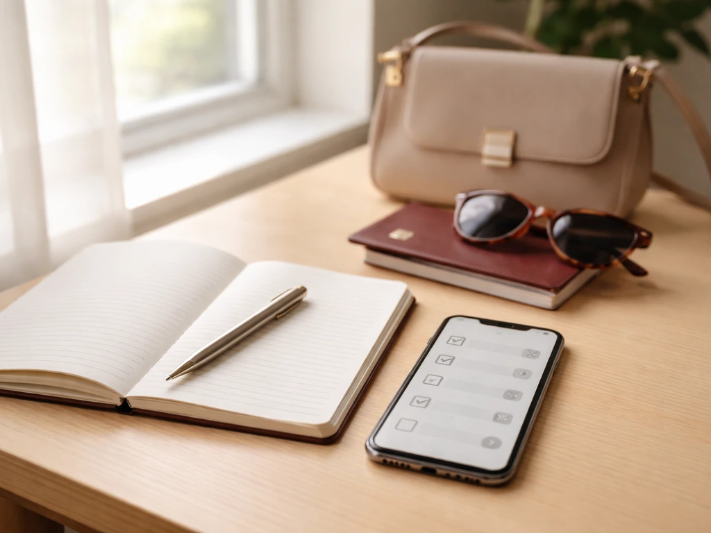 Minimal desk scene with smartphone showing a blank verification checklist, travel items, and notebook.