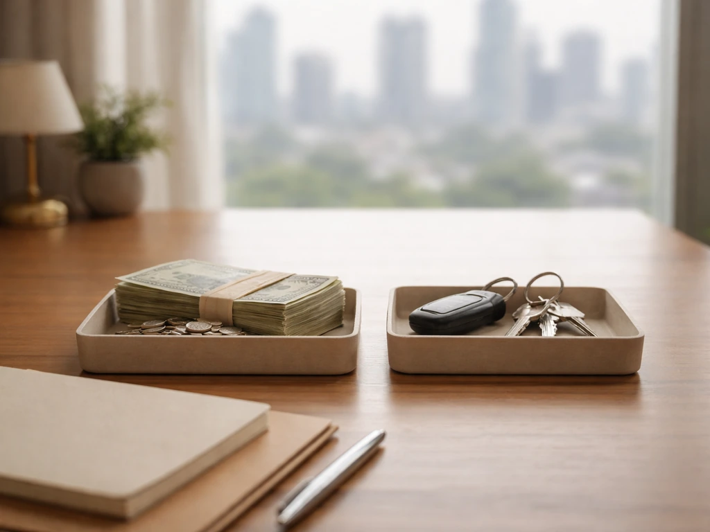 Minimal office desk scene with cash, keys, and a folder suggesting assets minus liabilities.