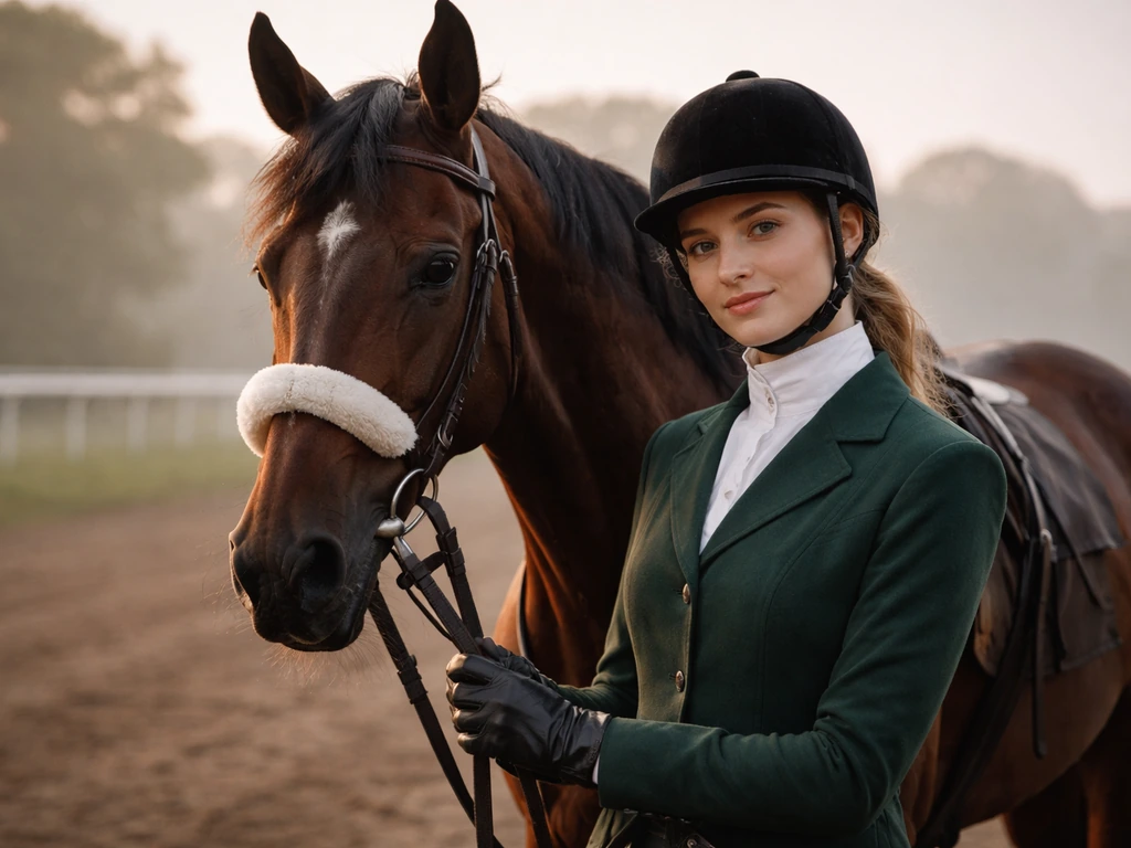 Generic rider in period attire stands beside a calm horse at a quiet countryside racetrack.