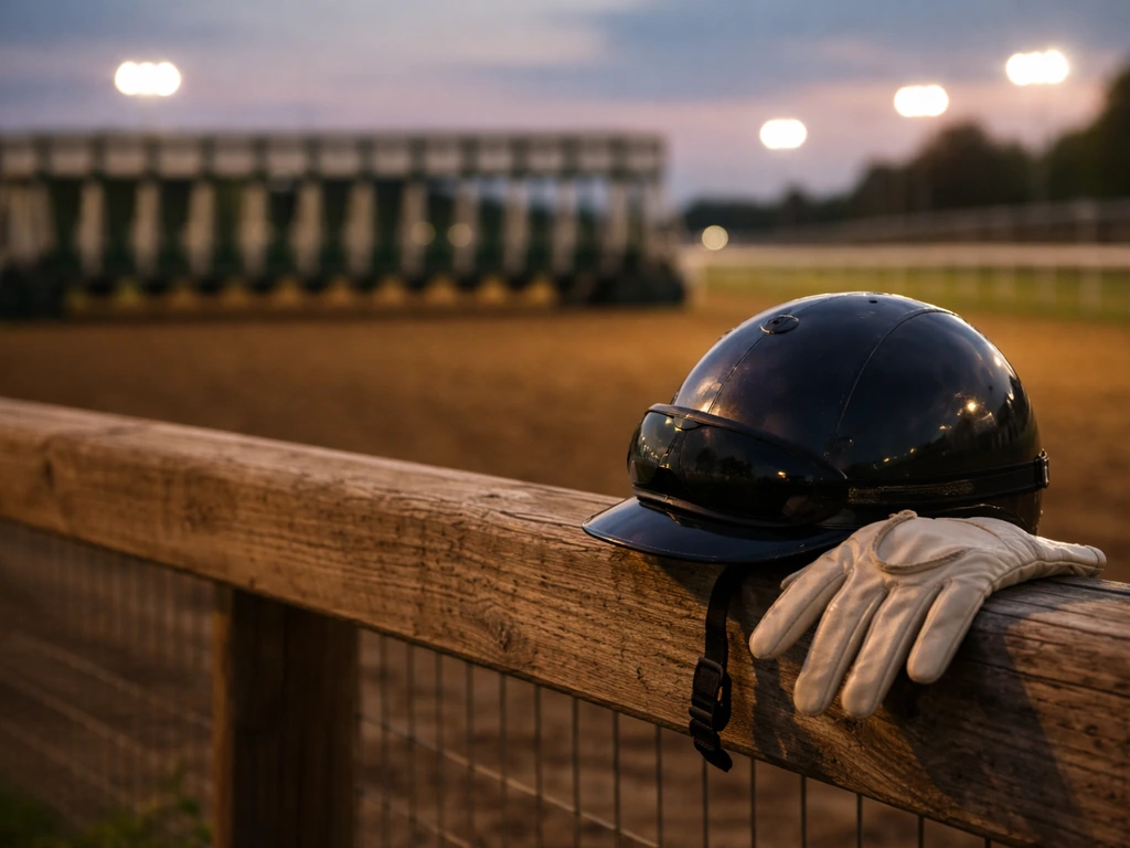 Horse racing helmet and gloves on a track fence at sunset, symbolizing a career step-change.