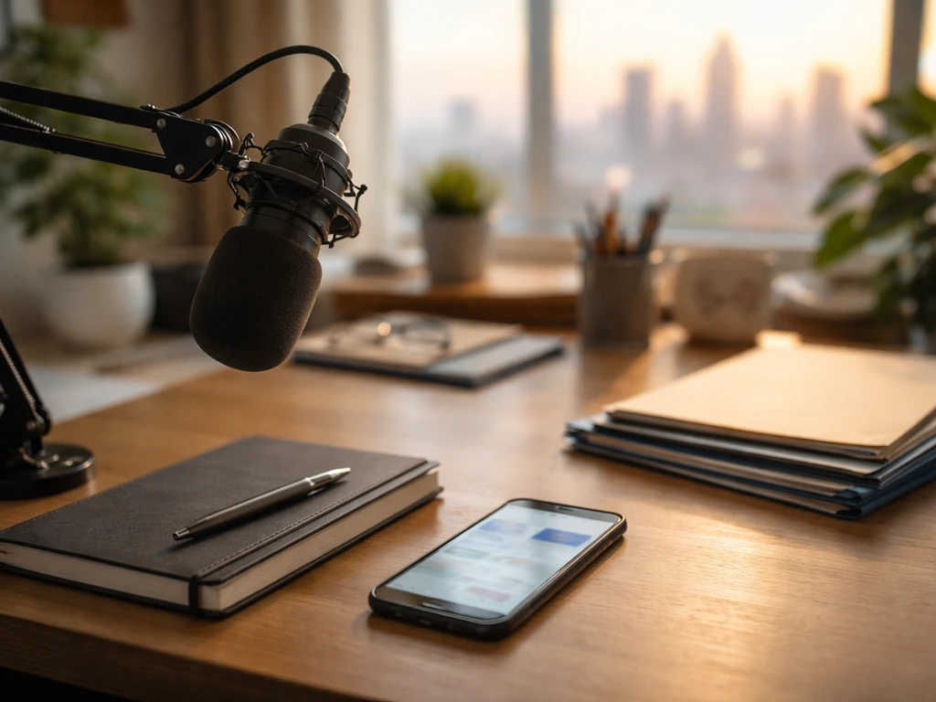 Minimal finance-and-media desk scene with microphone and smartphone, symbolizing net worth verification.