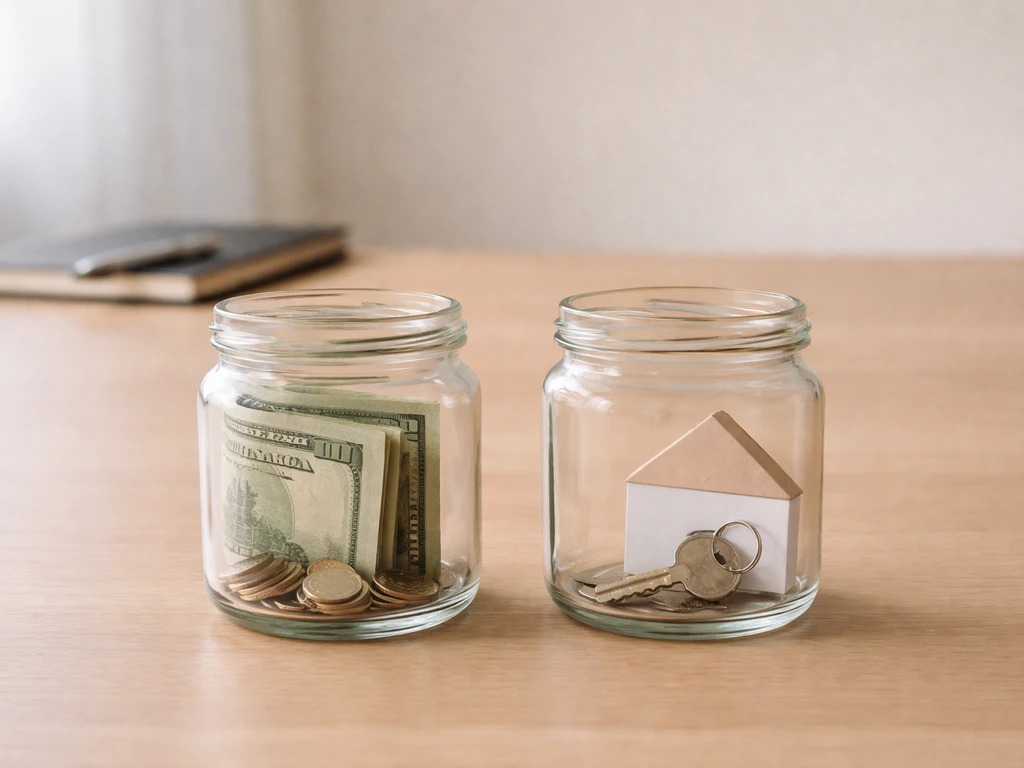 Minimal split icon-style scene showing savings/investments versus loans and mortgage symbols, no text