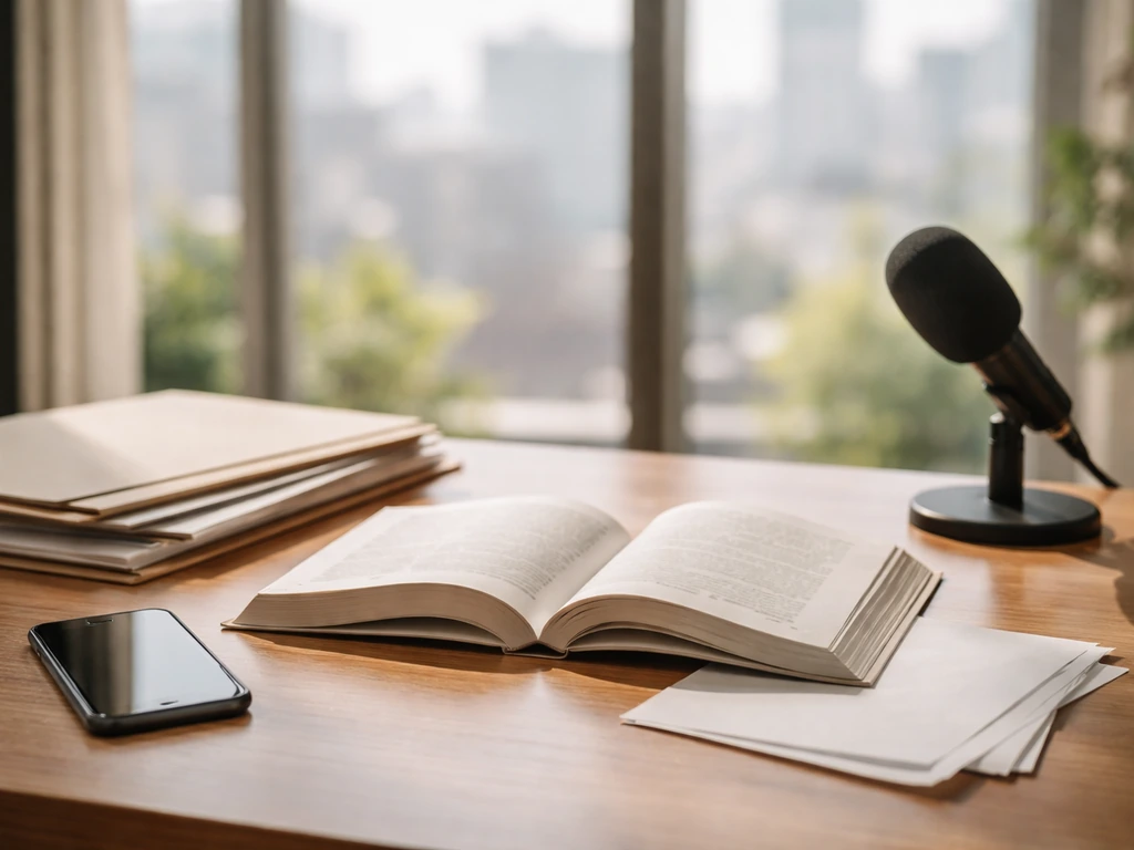 Minimal desk scene with open books and folders, city daylight, and a microphone symbolizing media analysis.