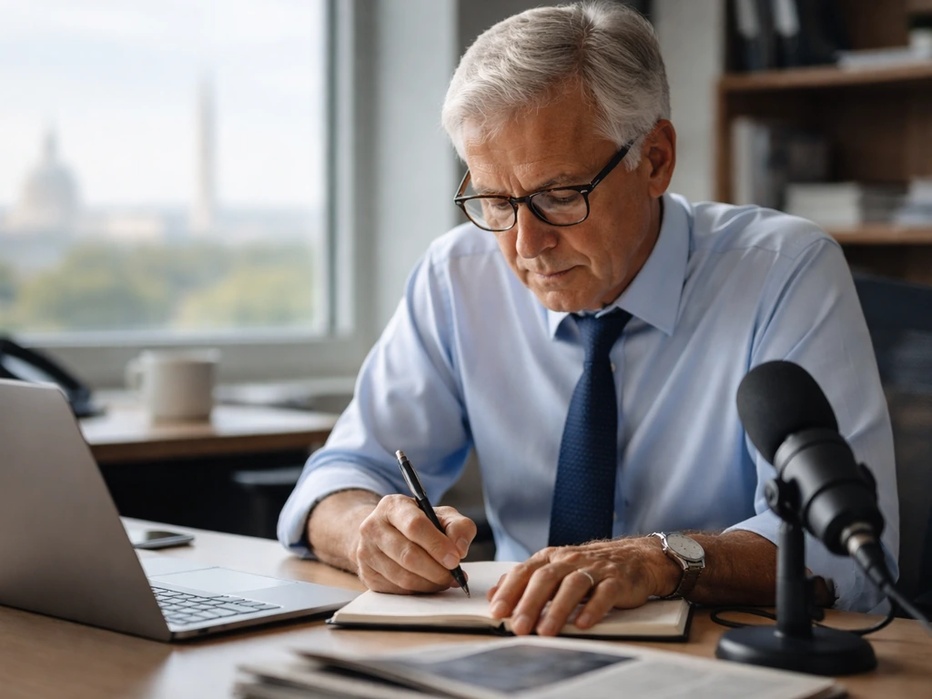 A journalist working at a quiet desk with a notebook and city view, suggesting a Washington Post column office