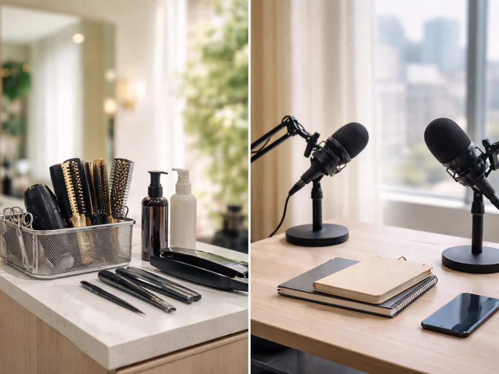Split-scene of an LA salon workspace and a business podcast desk symbolizing two Michelle Pugh identities