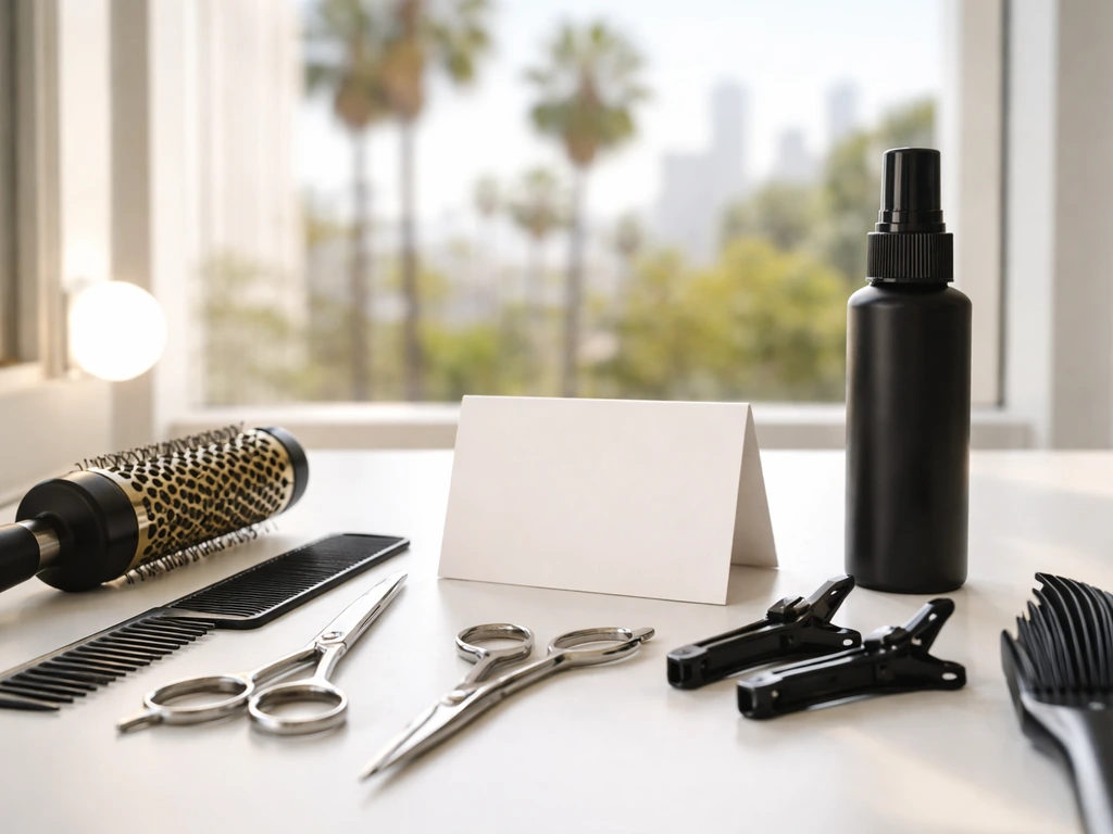 Hairstyling tools and a salon price-card style accessory arranged on a clean LA vanity desk