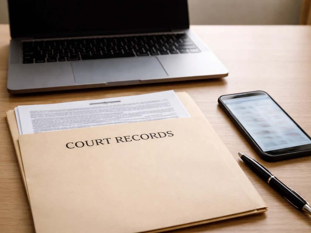 Desk with laptop and printed legal documents suggesting court-record verification work.