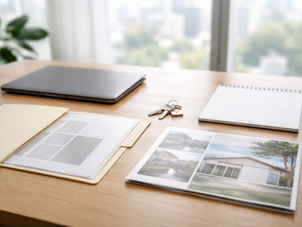 Minimal office desk scene with a laptop and open property folder, symbolizing real estate identity verification