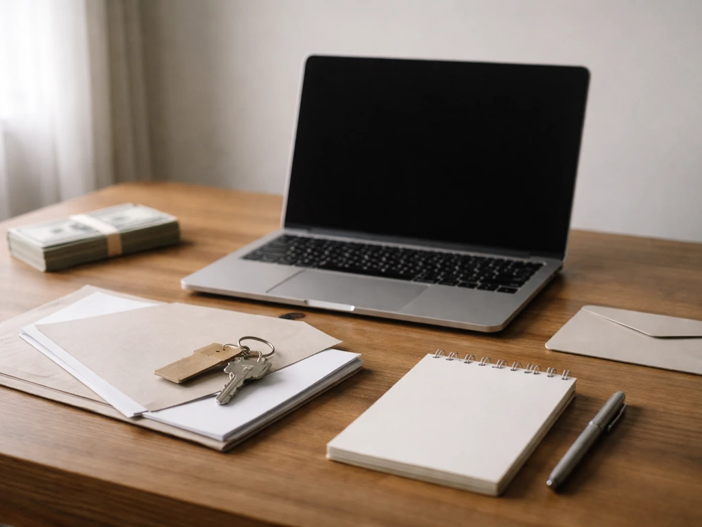 Minimal real-estate commission theme: closed laptop, key, and envelope beside a notepad and cash, on a desk.