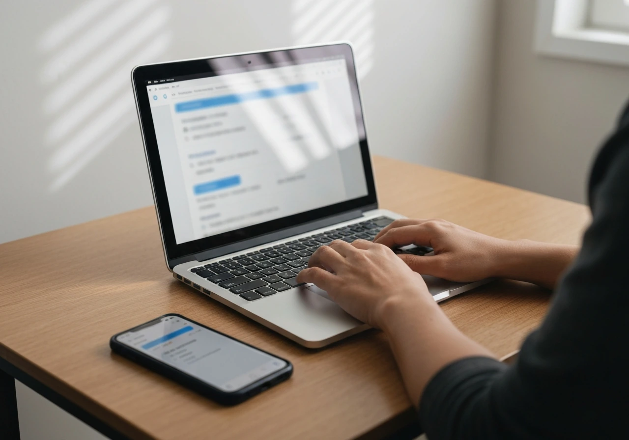 Hands researching public records on a laptop at a simple table with a smartphone nearby.