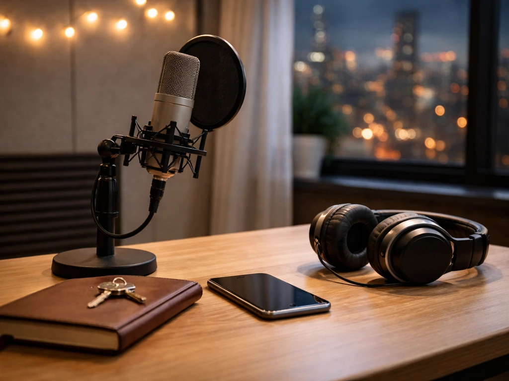 Minimal recording studio desk with microphone, headphones, and smartphone, symbolizing music career and net-worth analys