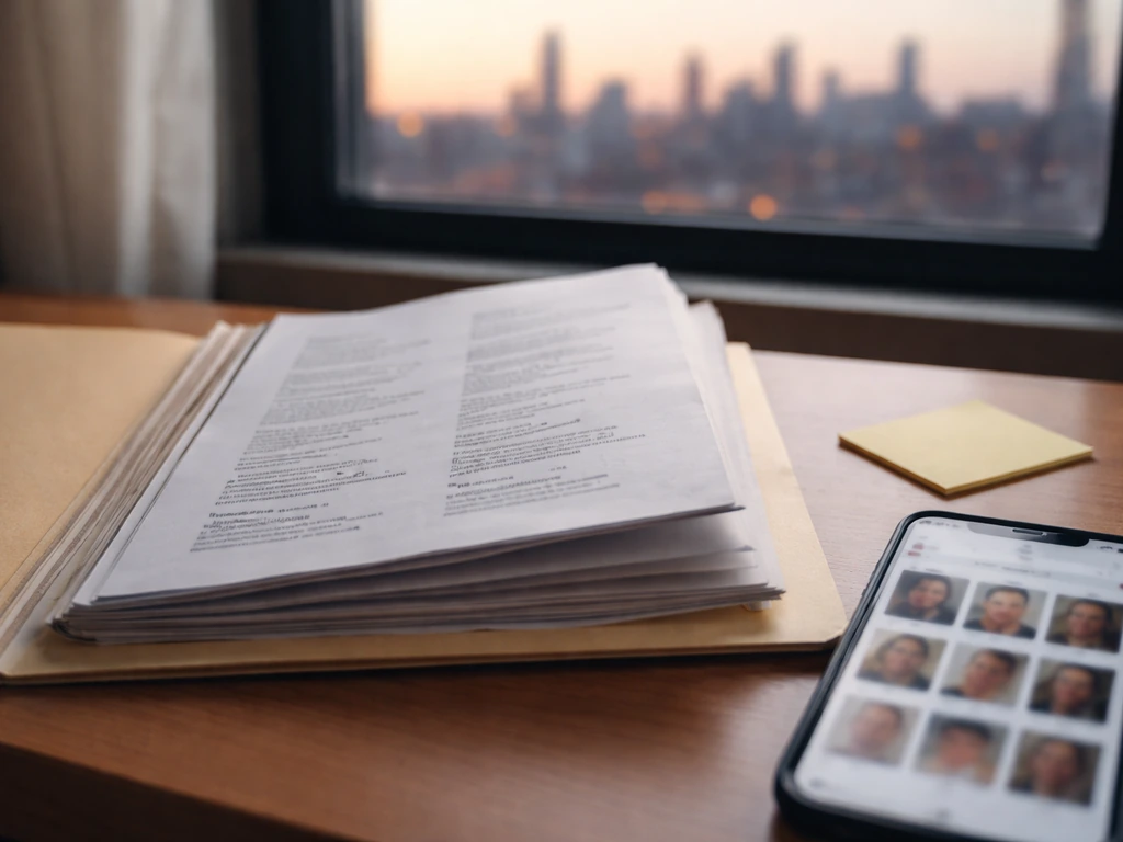 Close-up of an open folder of artist bios on a desk with a blurred phone and city view outside