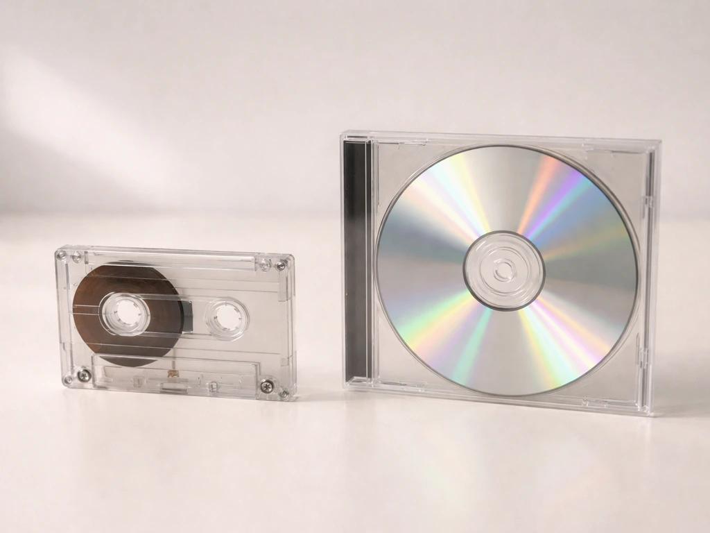 Two music-release mockups—cassette and CD—resting on a neutral tabletop in natural light.