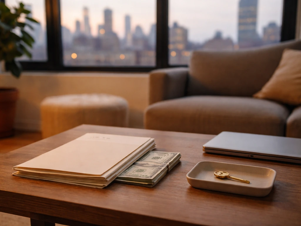 Minimal NYC apartment table with property document folder and bills beside a laptop and key.