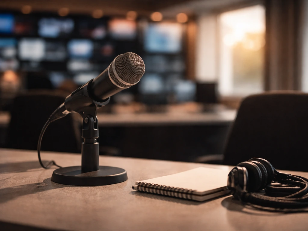 Unoccupied TV newsroom desk with a broadcast microphone, symbolizing media and financial research.