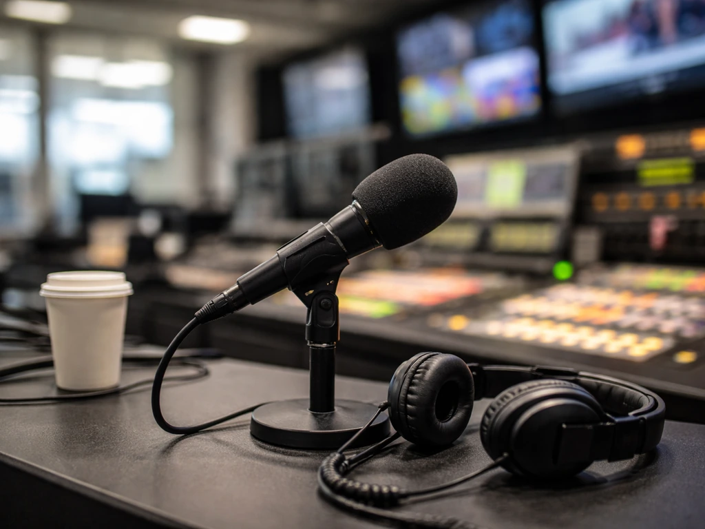 Anonymous TV newsroom desk with microphone and headset, hinting at verifying the right media identity.