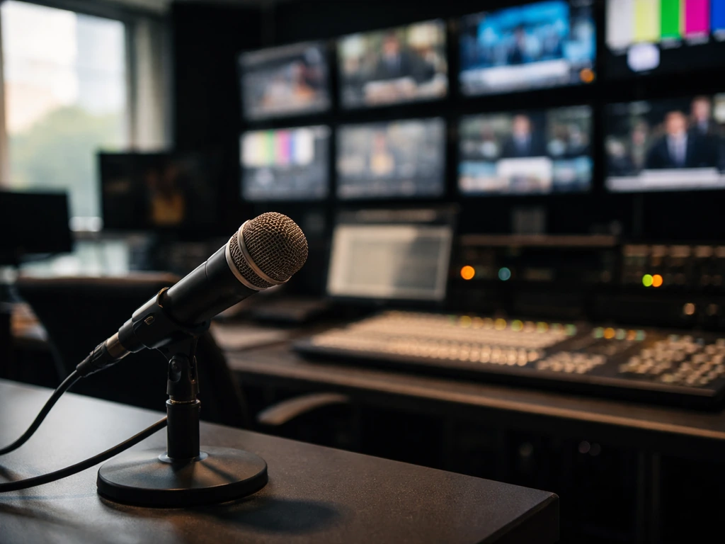 TV newsroom control-room scene with a journalist-style microphone and monitors, suggesting broadcast income sources.