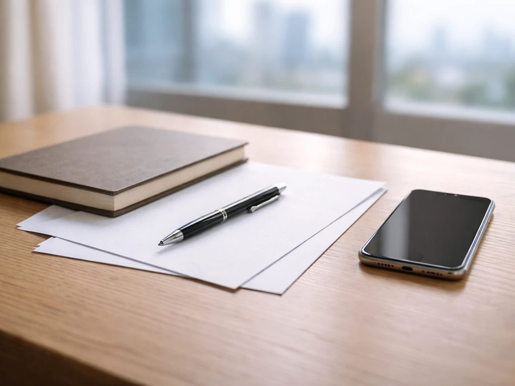 Minimal desk scene with a smartphone, documents, and a pen suggesting checking public financial records.