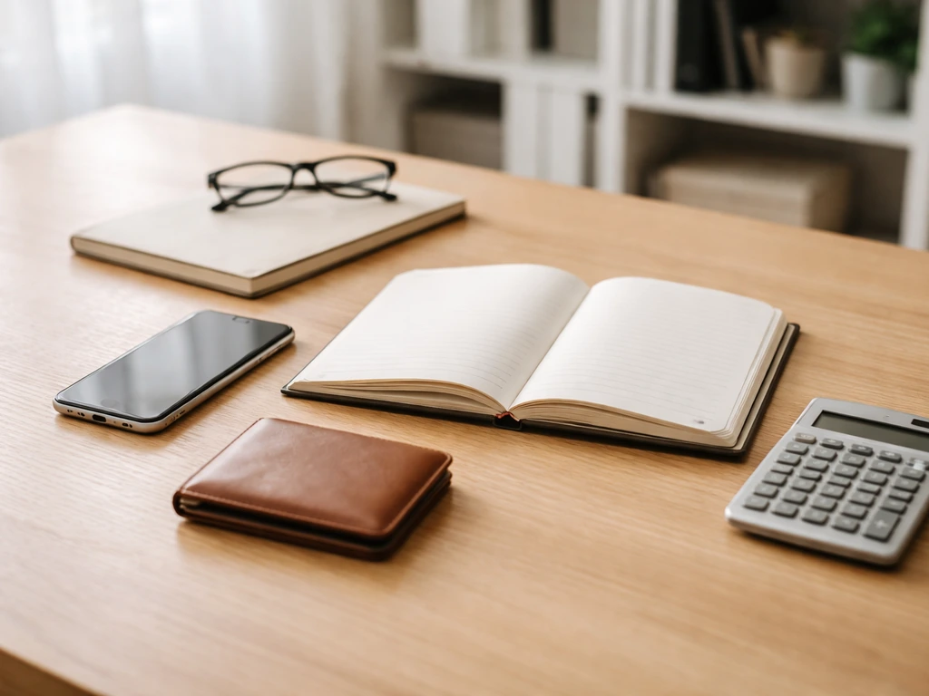 Minimal desk scene with smartphone, calculator, wallet, and blank notebook suggesting financial estimation.
