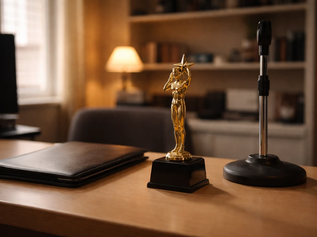 Vintage-style photo moment with an anonymous trophy on a studio desk, evoking an early-2000s entertainment career.