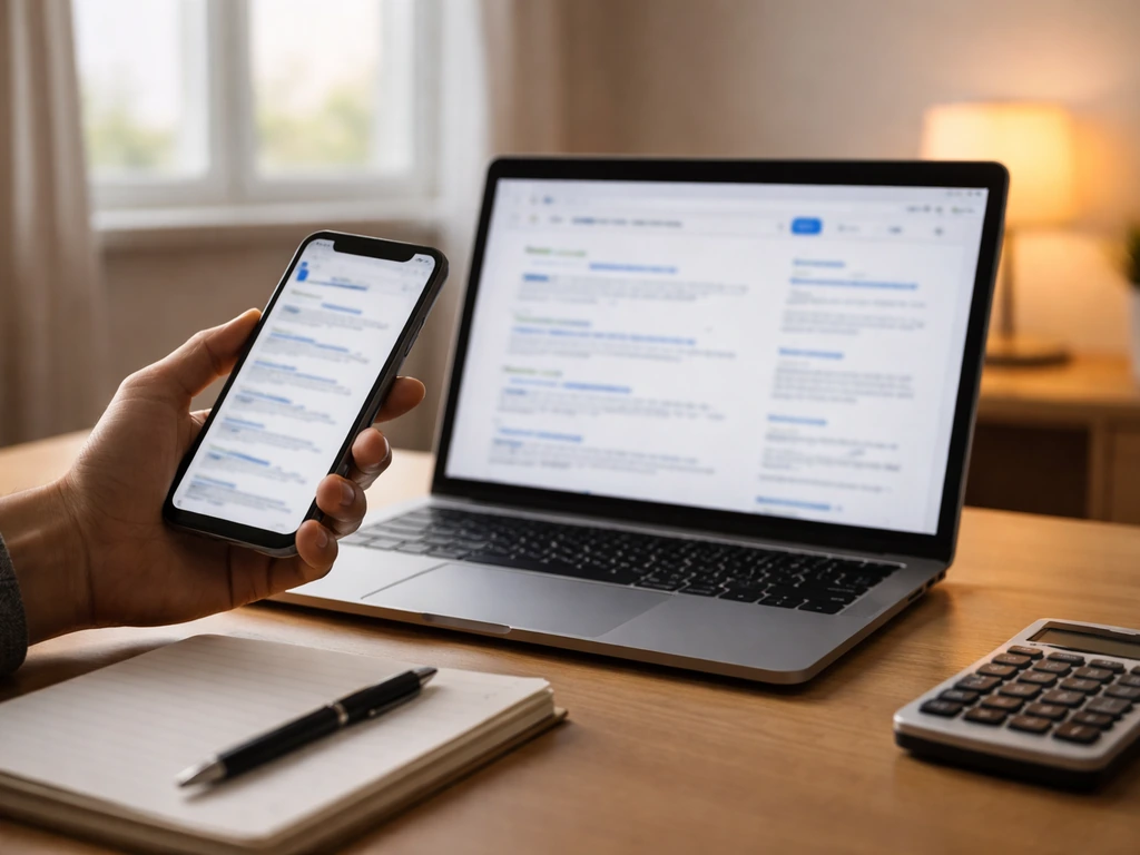 Anonymous hand comparing blurred search results on phone and laptop during net-worth source verification.