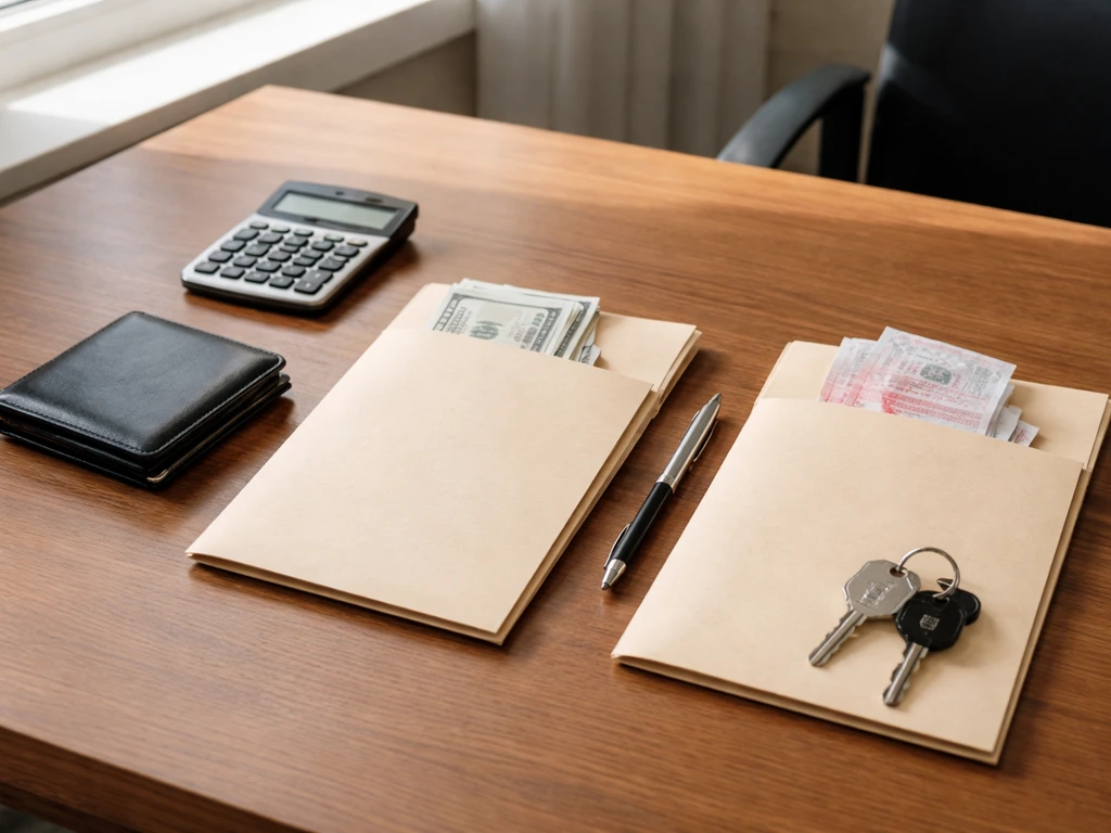 Minimal desk scene with a calculator and two folders suggesting assets versus liabilities