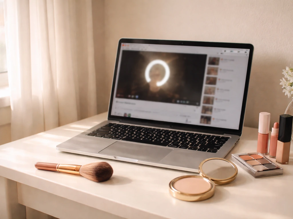 Laptop on a desk with makeup tools and a blurred video player, evoking early beauty YouTube tutorials.