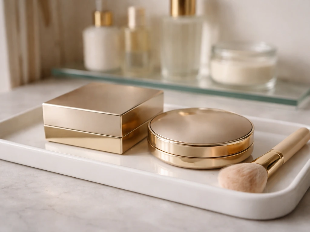 EM Cosmetics-style luxury makeup product boxes on a clean vanity surface in soft daylight