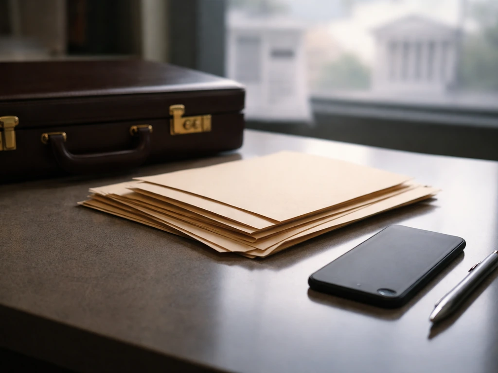 Briefcase, folders, and a phone on a desk with a blurred courthouse backdrop, suggesting legal controversies