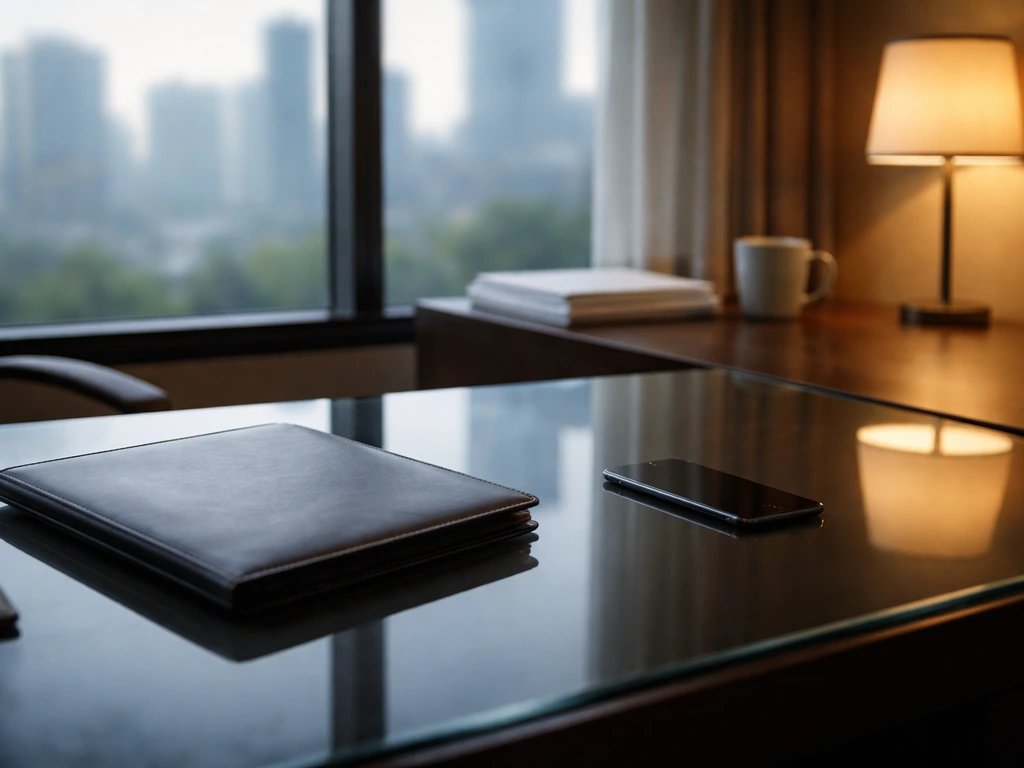 Minimal executive office scene with finance cues—glass desk, portfolio, documents, and city view through window.