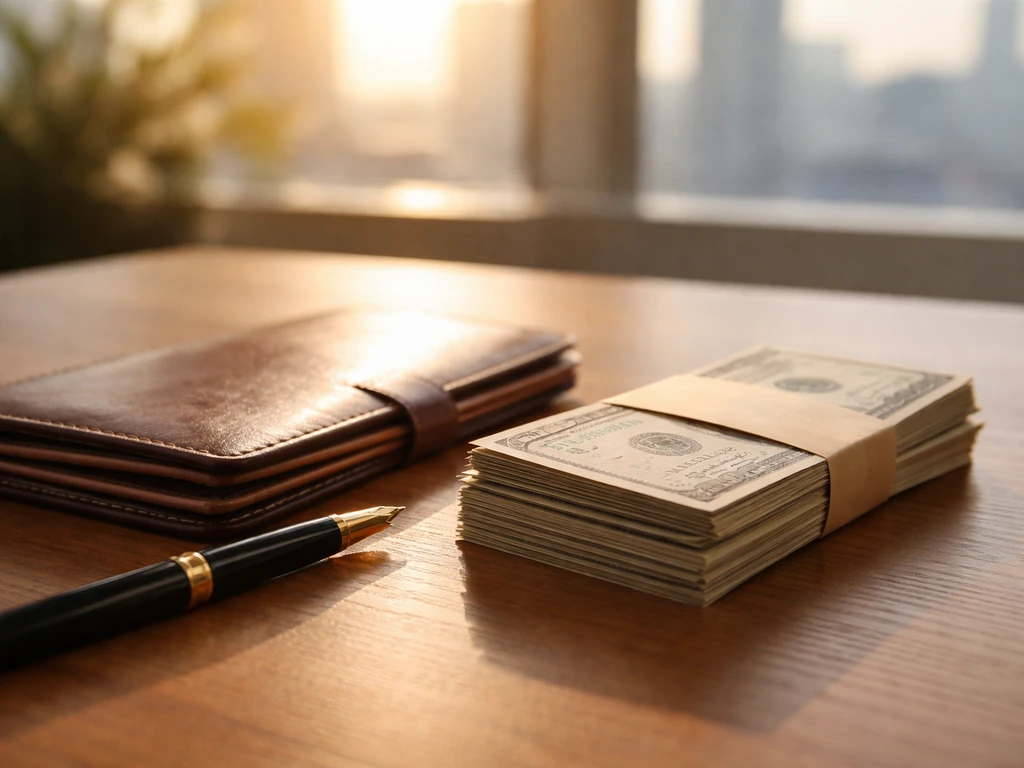 Minimal office desk with cash and planner, symbolizing a net worth estimate range.