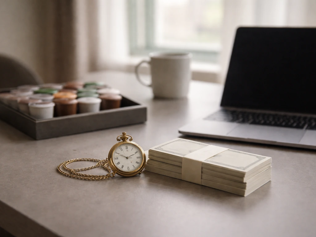 A minimalist desk scene with coffee company branding colors on stationery and a closed laptop, symbolizing executive ear