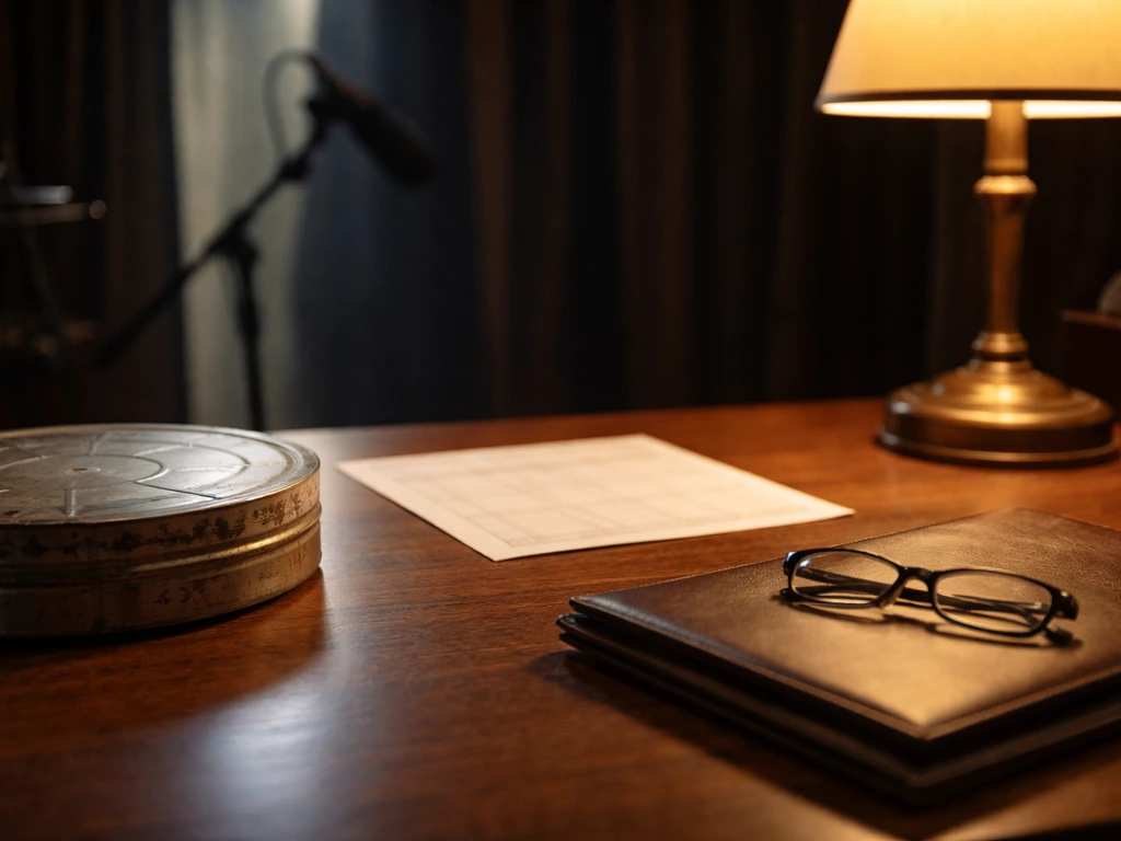 Anonymous film-set office desk with microphone and money/lifestyle symbolism, no identifiable person.