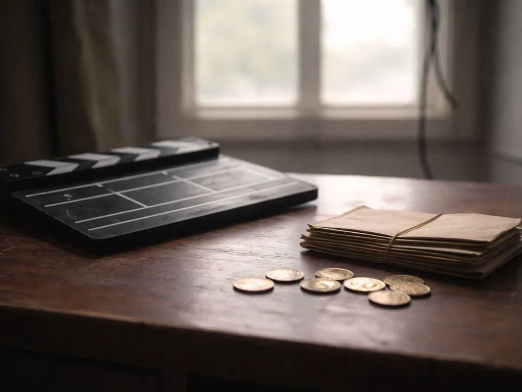 Minimal film studio desk with a clapperboard and scattered coins symbolizing acting career earnings over time.