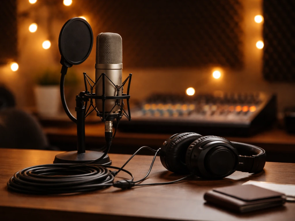 Warm recording studio desk with microphone, headphones, and blurred mixing console, symbolizing music career and earning