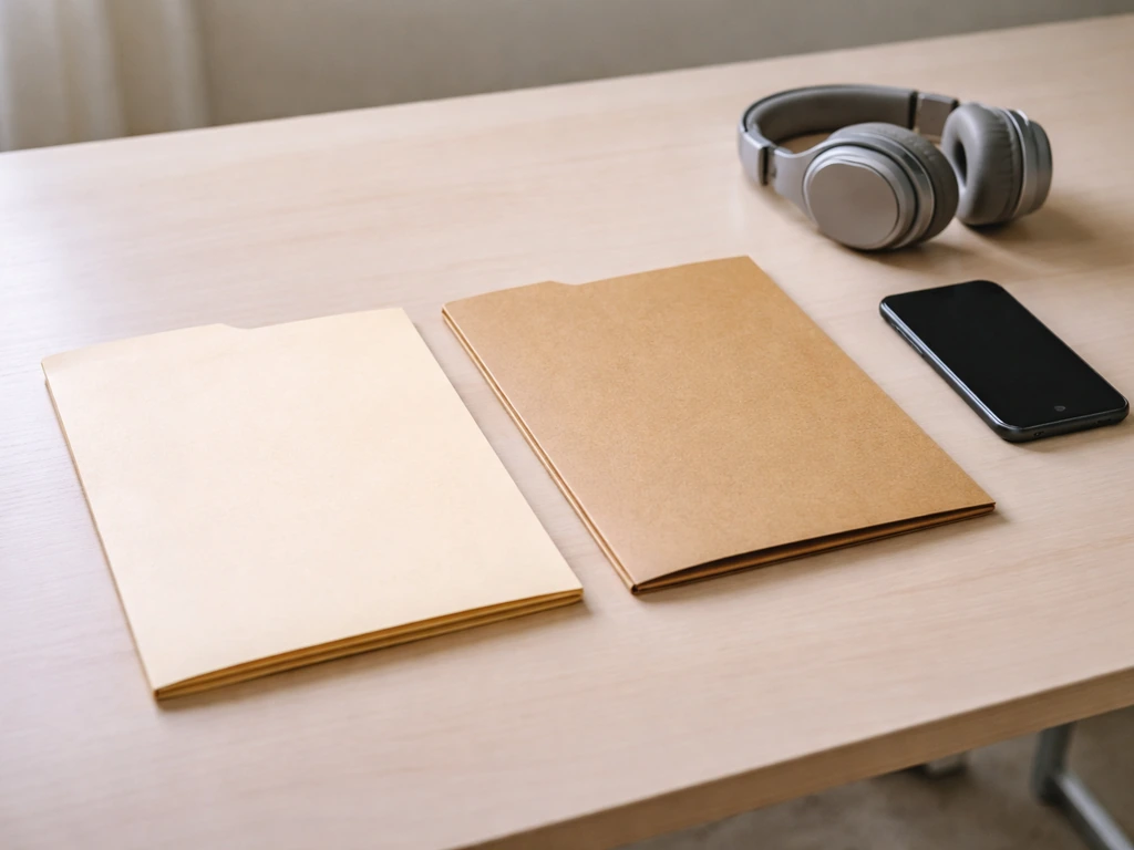 Minimal desk scene showing two separate folders for identity clarification, with a smartphone and headphones