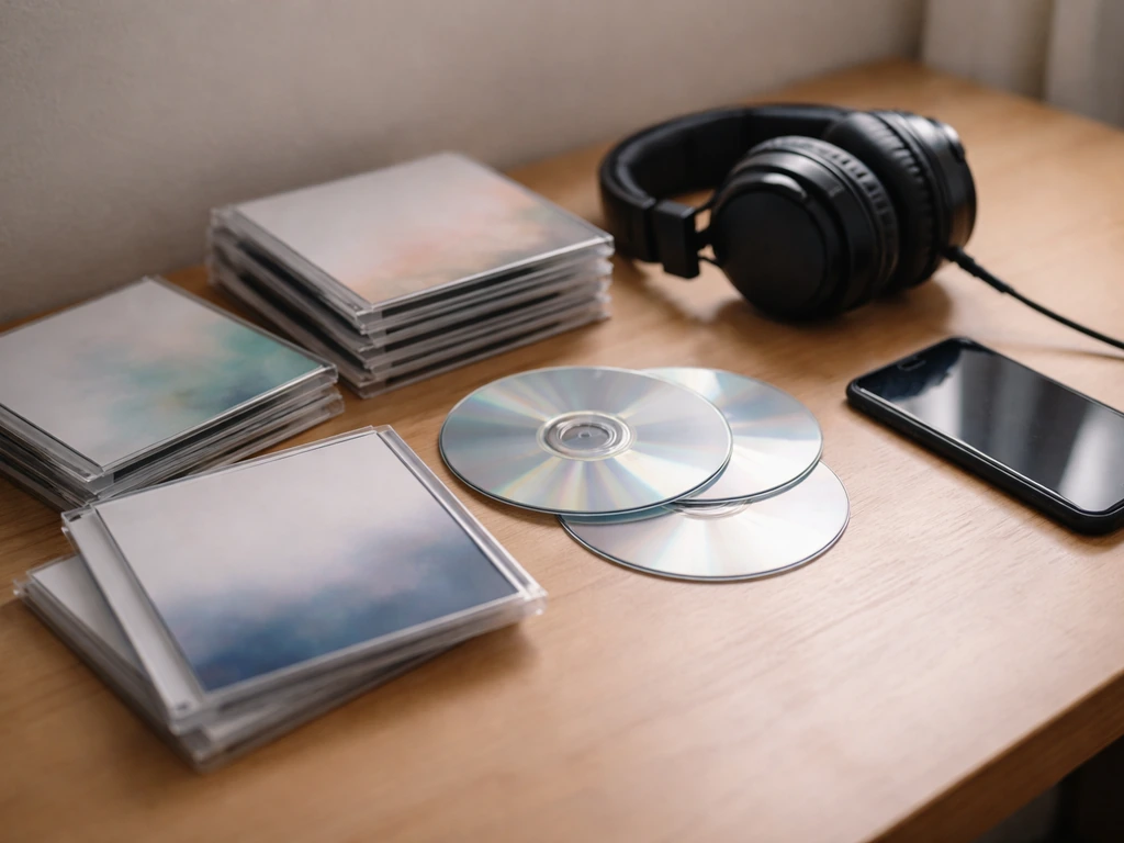 Anonymous album cases and headphones on a desk, symbolizing a recorded-music catalog without any text.