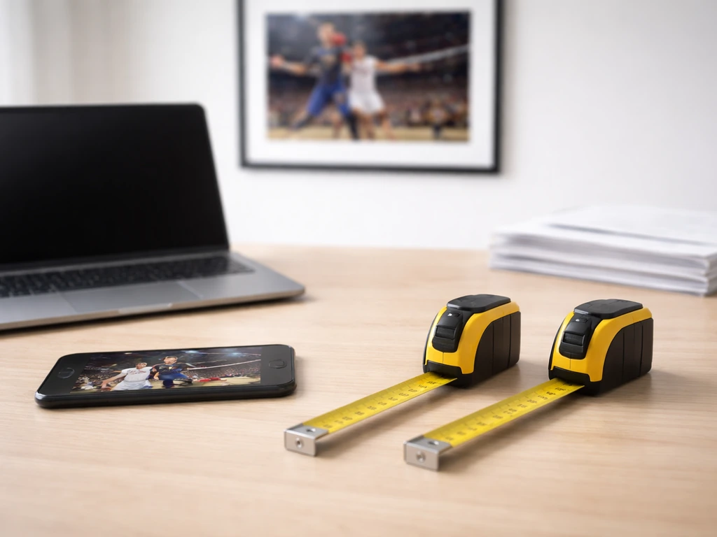 Split-screen style photo of a TV sports broadcast desk with two conflicting height tapes for a mismatch theme