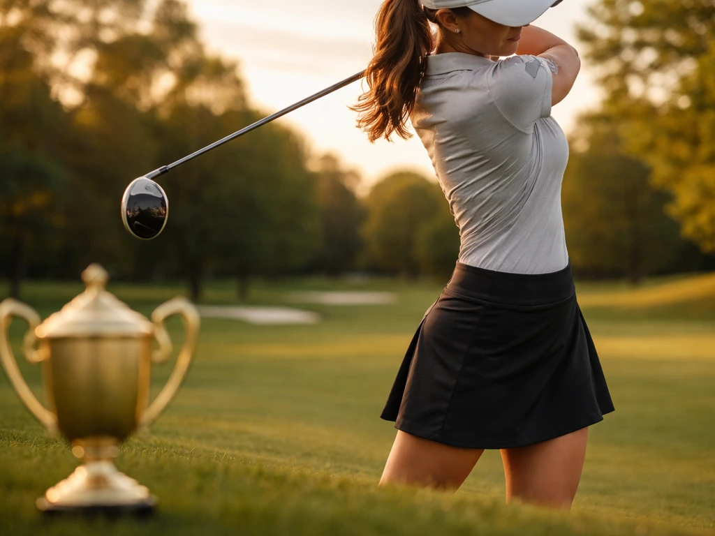 Anonymous golfer mid-swing with a generic gold trophy element, subtle tech/brand cues on gear.