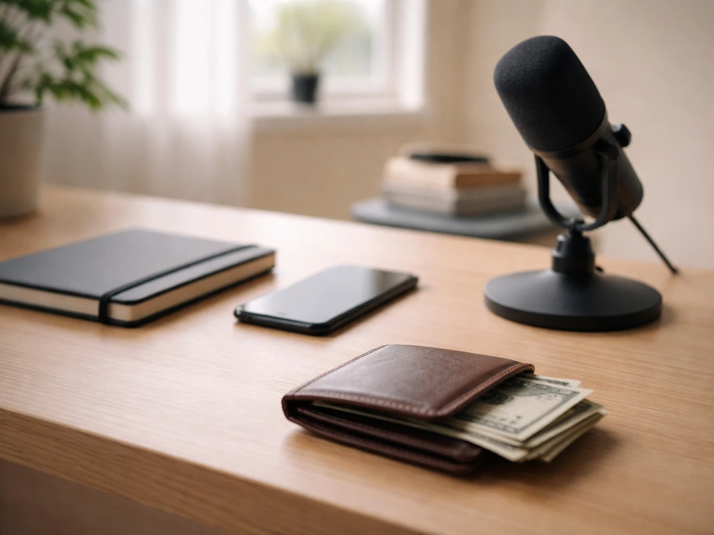 Minimal office desk with phone, notebook, microphone, and wallet—symbolic of net worth research.