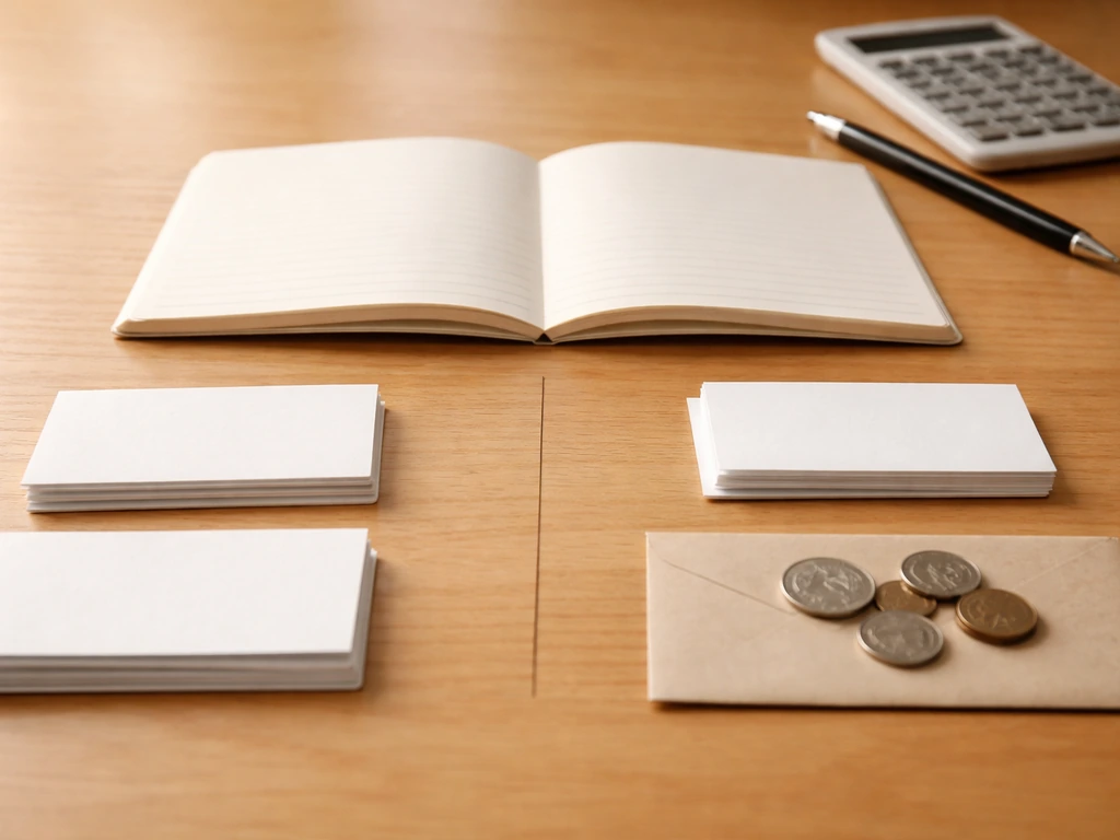 Minimal photo of a notebook ledger showing simple cards for assets and liabilities, symbolizing net worth math.