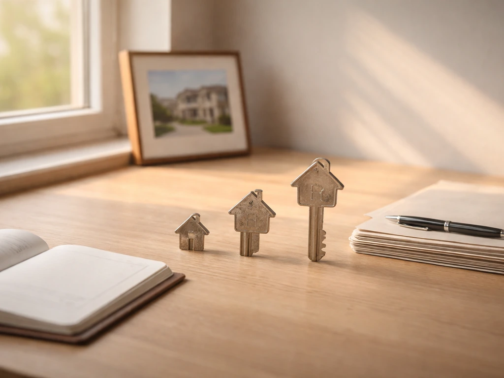 Minimal desk scene with blank planner and key-like metal icons symbolizing property value progression over time.