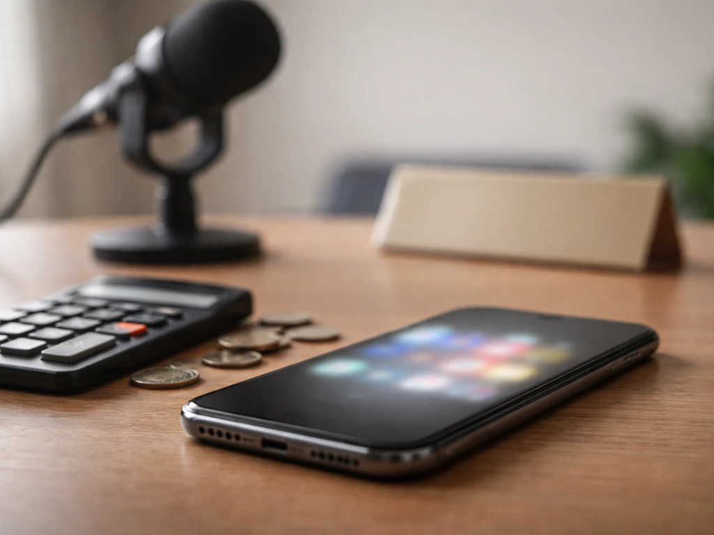 Close-up of a smartphone showing a generic social feed reflection over a calculator and money symbols
