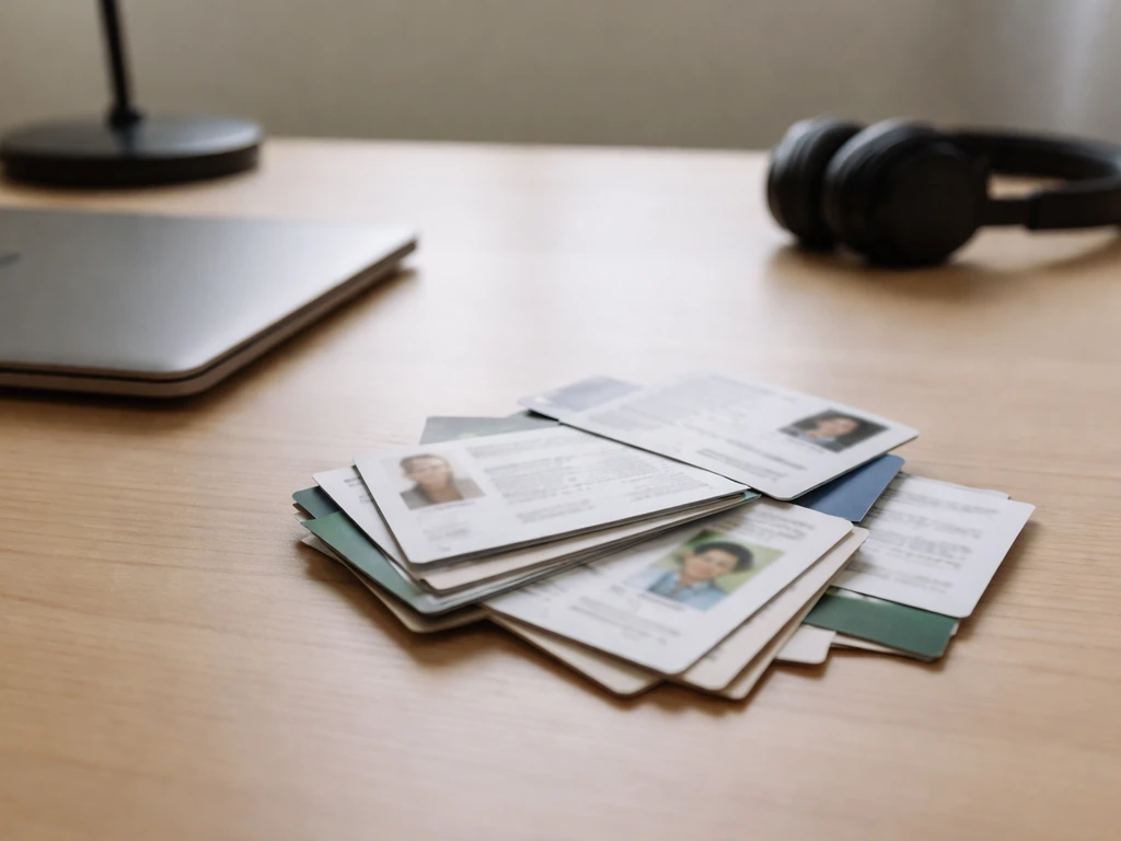 Blurred stack of business cards and office folders symbolizing multiple identities tied to one name