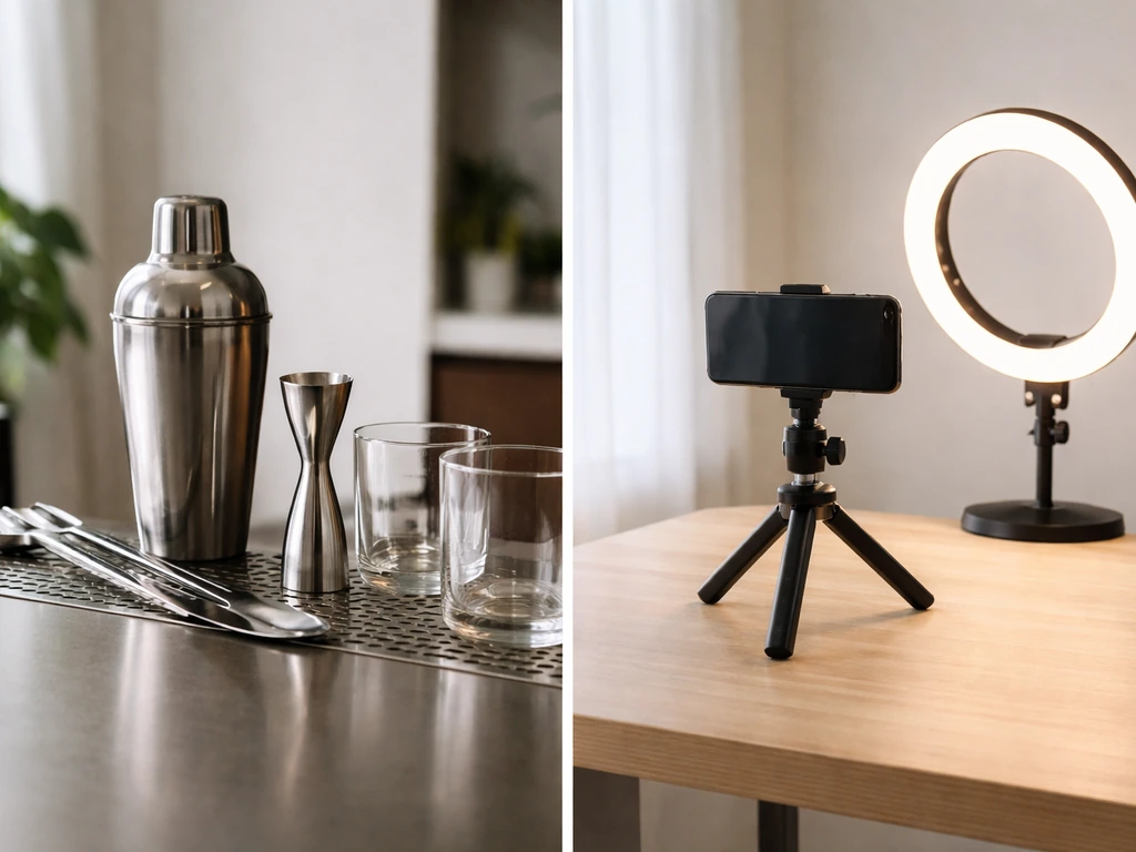 Minimal bar tools next to a small creator filming setup with phone on a tripod and ring light.